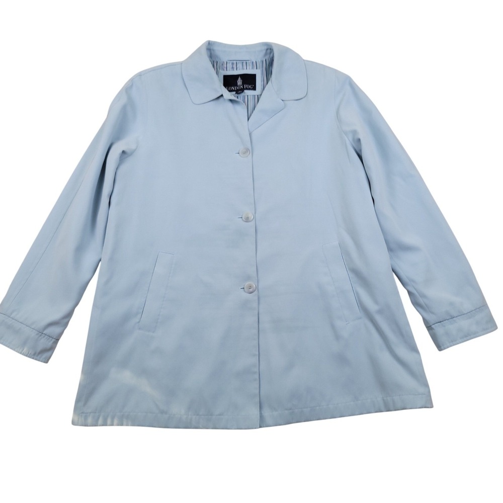 London Fog Womens L Light Blue Classic 3 Button‎ Rain Trench Coat Raincoat